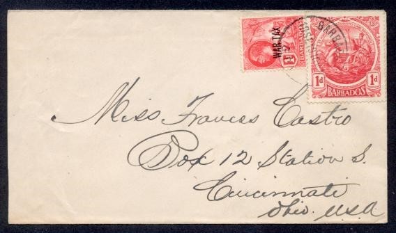 BARBADOS 1919 WAR TAX COMBO TO USA