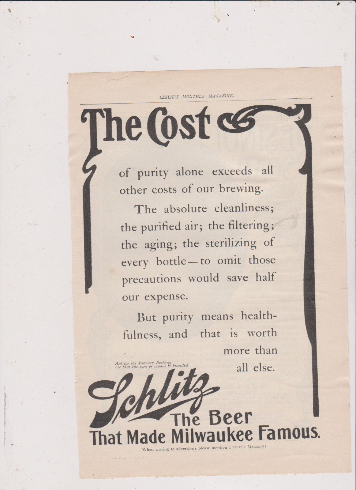1906 SCHLITZ BEER/RESINOL SOAP BACK TO BACK ADS FROM LESLIE MAGAZINE