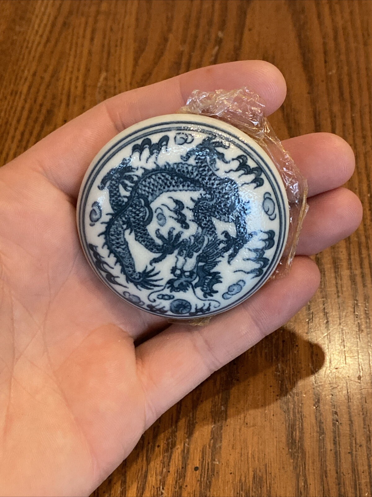 Vintage Chinese Nianqian Zhilong DRAGON Porcelain Lidded Round Red Wax Container