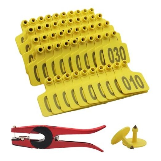 001-100 Cattle Ear Tags with Pliers Livestock Identify Kits for Cow() Yellow