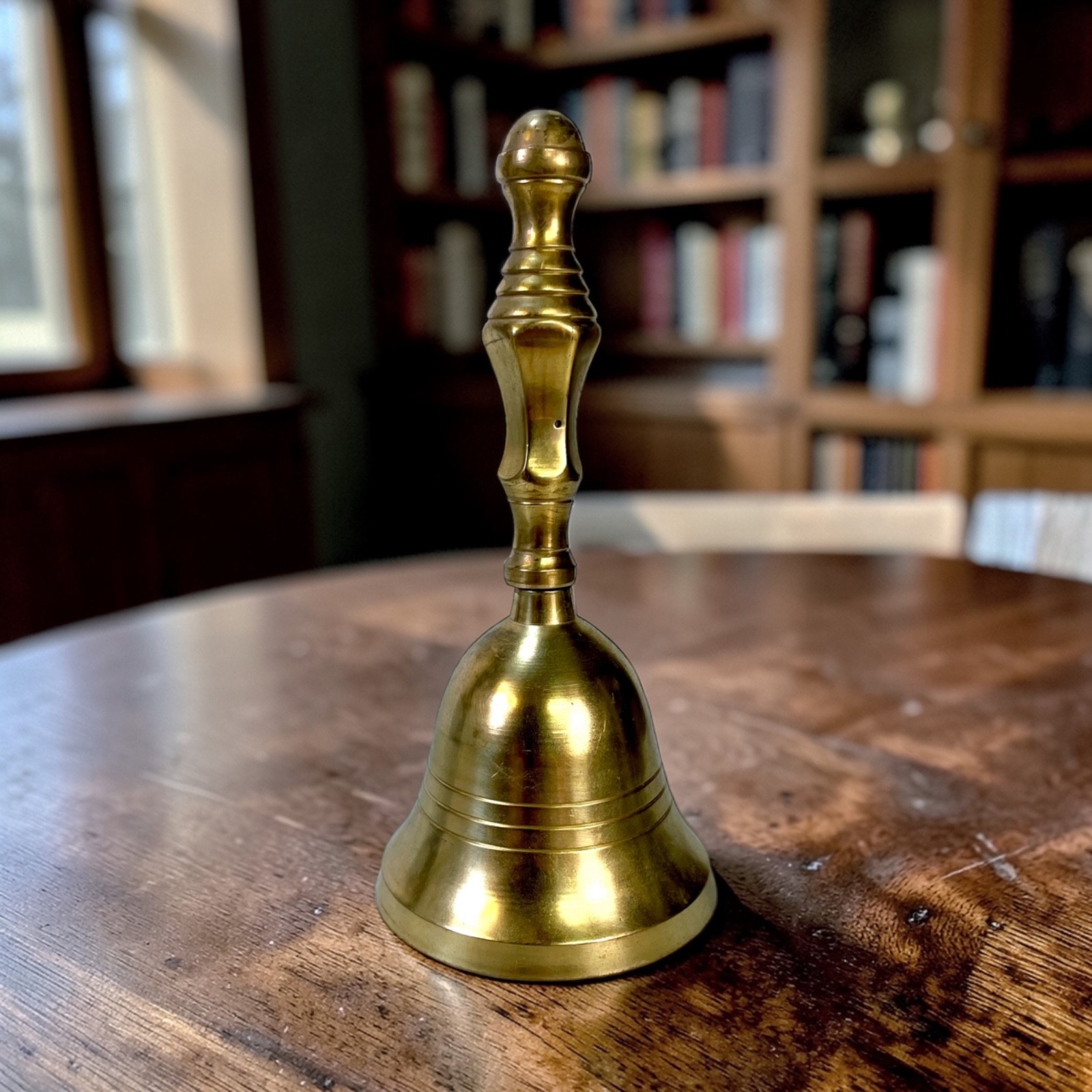 vintage solid brass hand bell, often utilized as a school, dinner, or decorative