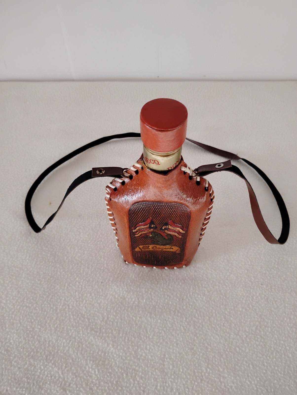 Vintage Puerto Rican Leather Wrapped Bottle Empty Decanter With Leather Strap.
