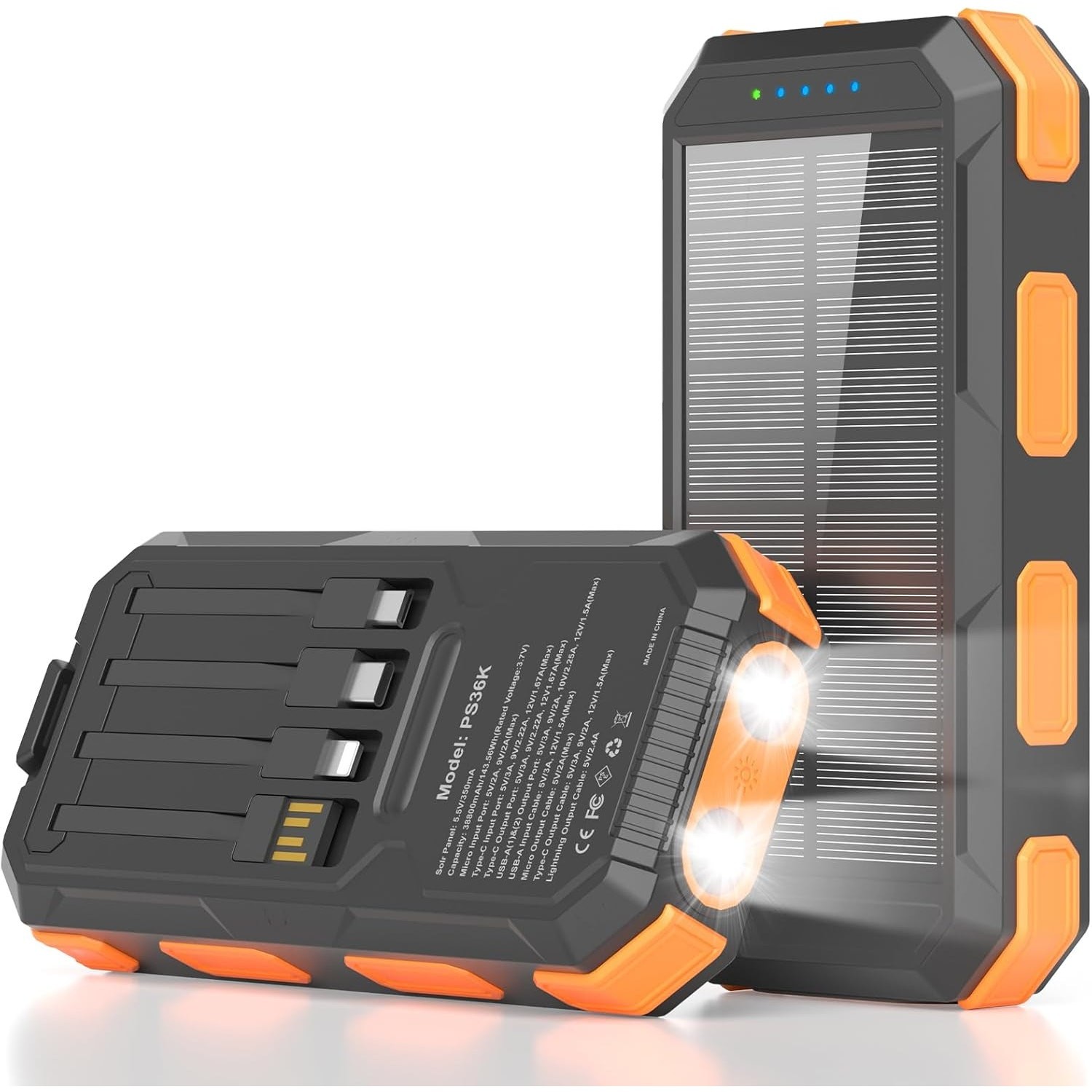 Solid Solar Power Bank 38800mAh, Portable Charger, 4 Cables 4 Ports, PD22.5W