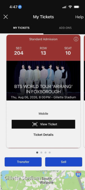 SEC 204 ROW 13 - 4 BTS TICKETS Thu 8/6 - Foxborough (READ DESCRIPTION)