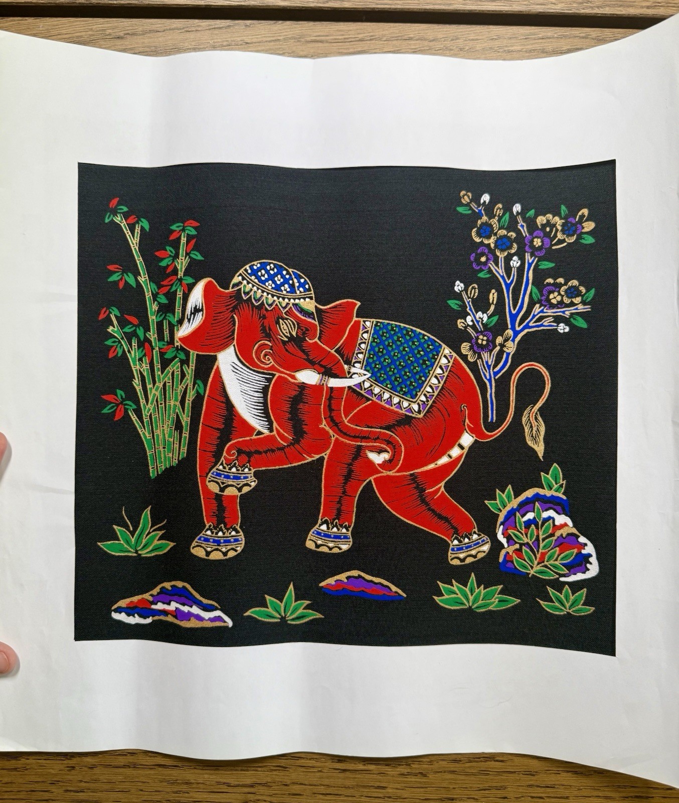 12"x11.5" Vintage Thai Art Silk Screen Print Painting RED ELEPHANT