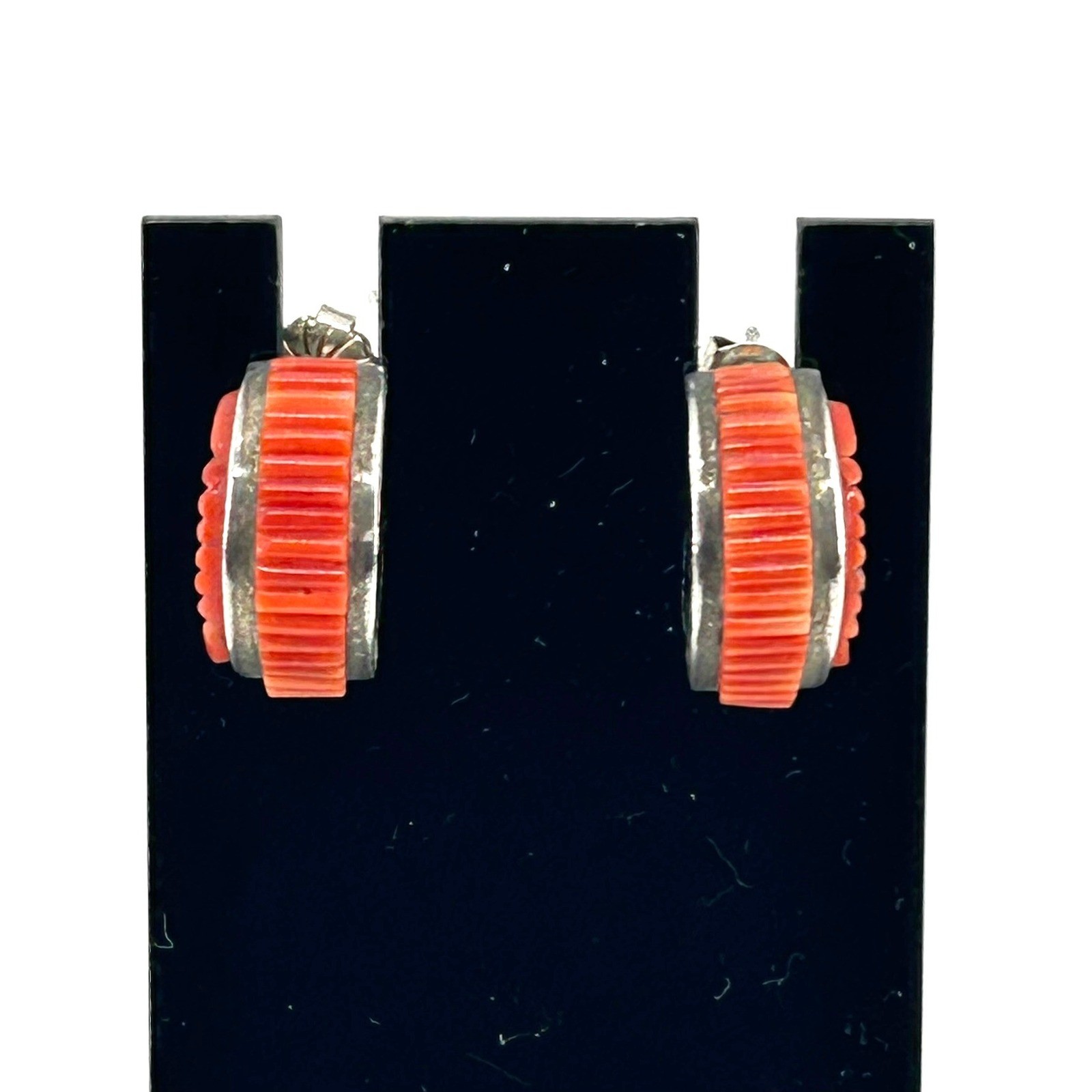 Sterling Silver Red Orange Coral Ribbed Half Hoop Earrings Native American Style