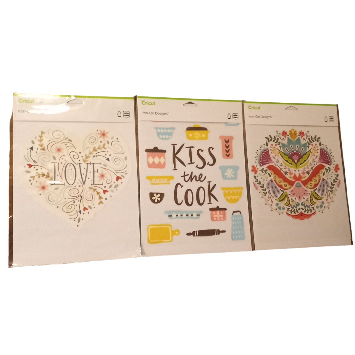 3 Cricut Iron-On Designs Kiss the Cook Heart Love Abstract Flowers Bright Colors