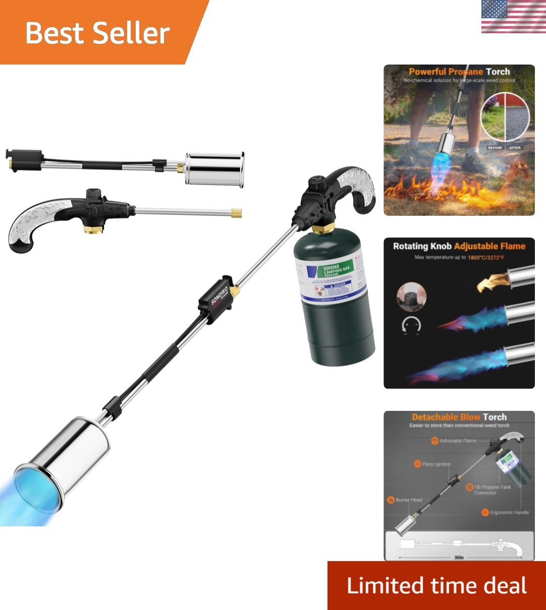 Powerful 30-Inch Detachable Propane Torch - Ideal for Garden, Wood, & Snow