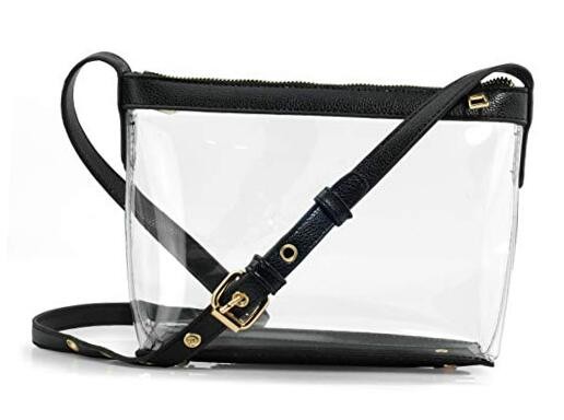 Clear Zipper Cross Body Bag with Vegan Leather Trim Black