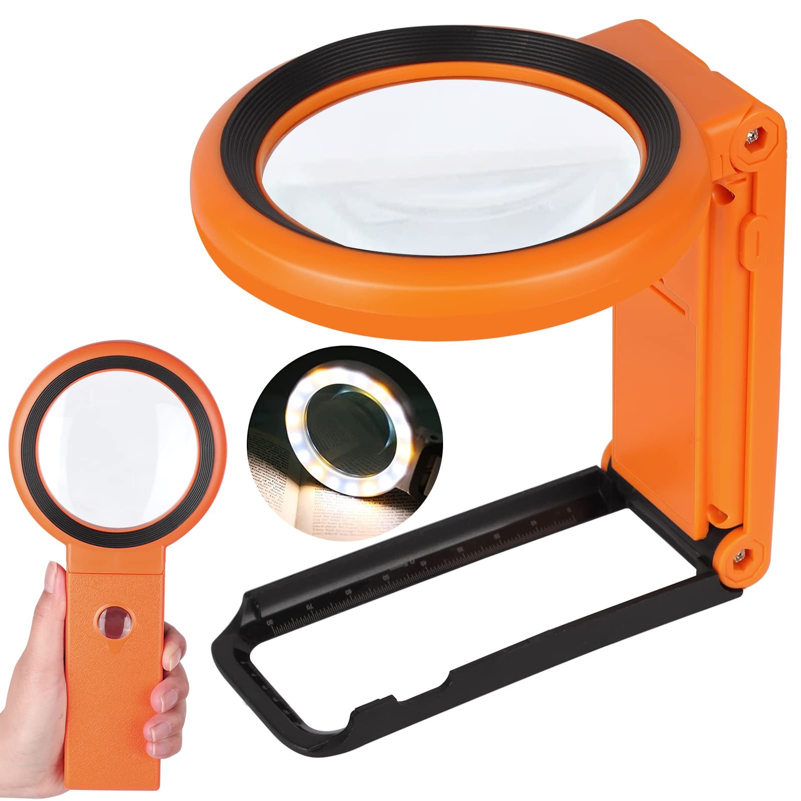Magnifying Glass with Light and Stand, Foldable Handheld Orange 