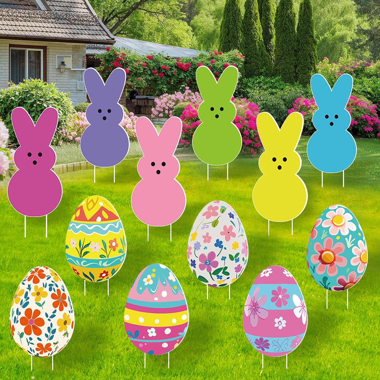 12PCS Easter Yard Outdoor Decorations- Easter Bunny Eggs Yard Signs with Stakes 
