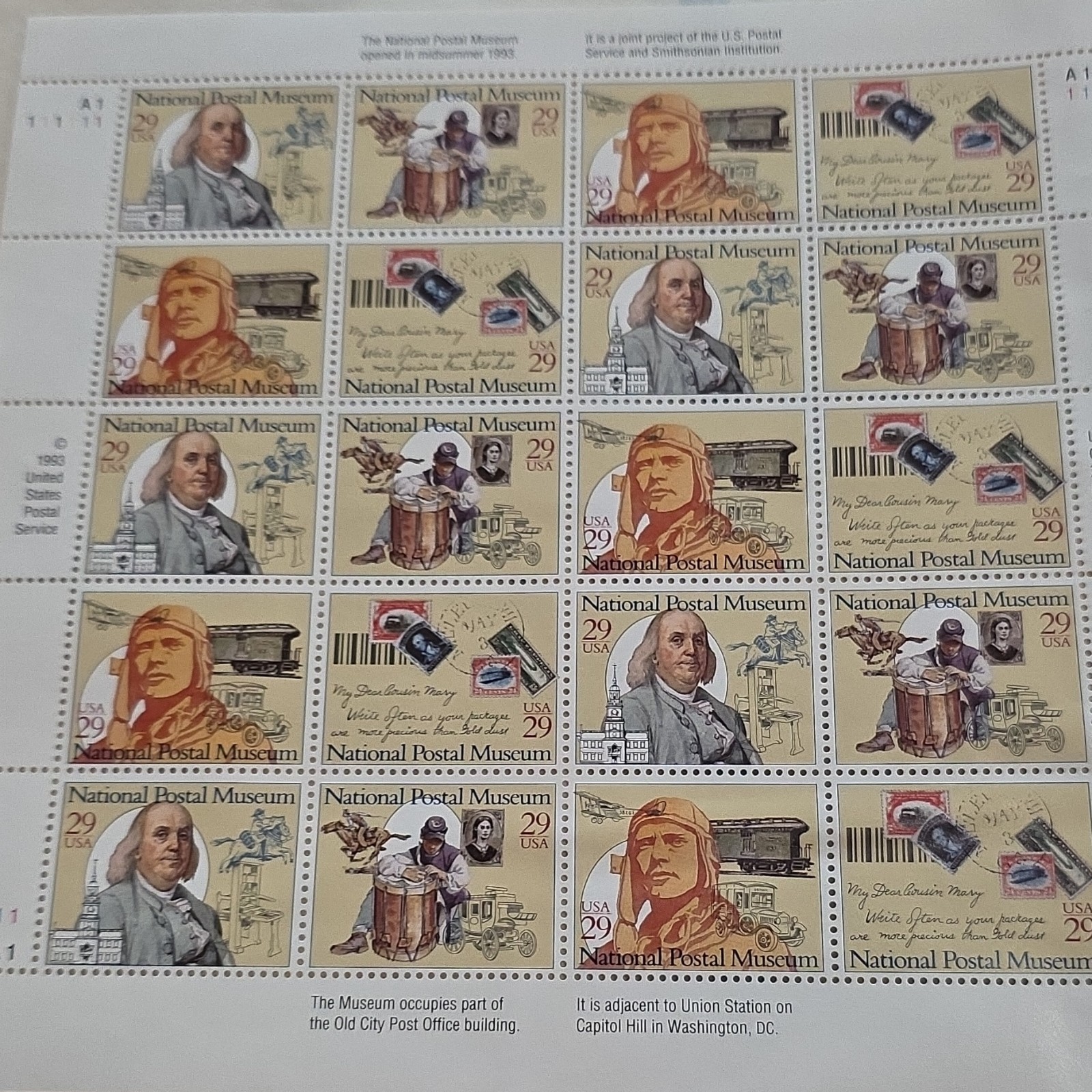 National Postal Museum 1993 29 Cent USA Stamp Sheet Mint Never Hinged