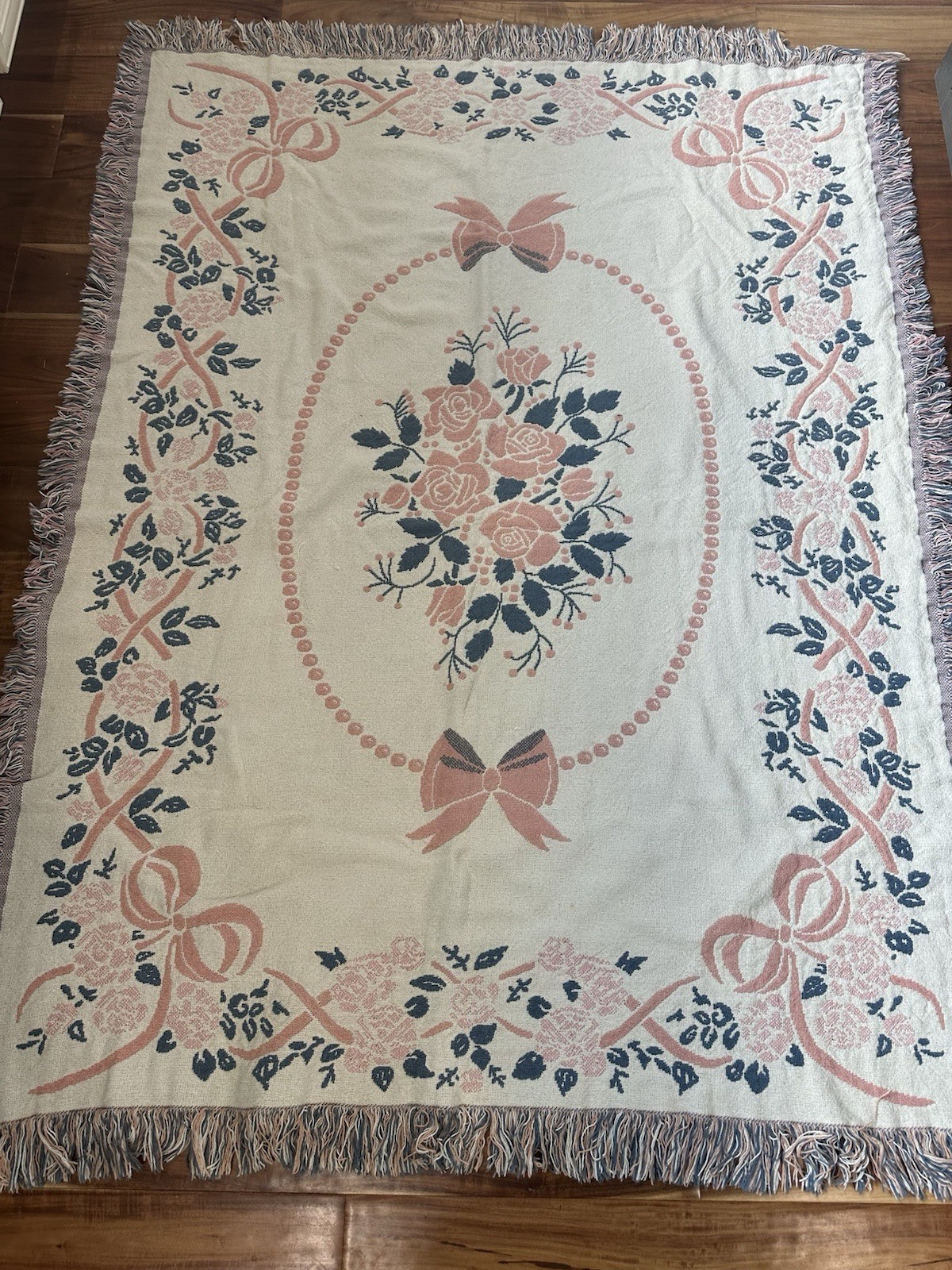 90s Double Sided Tapestry Throw Blanket 47x60 Cottagecore Bows Roses Pink Blue