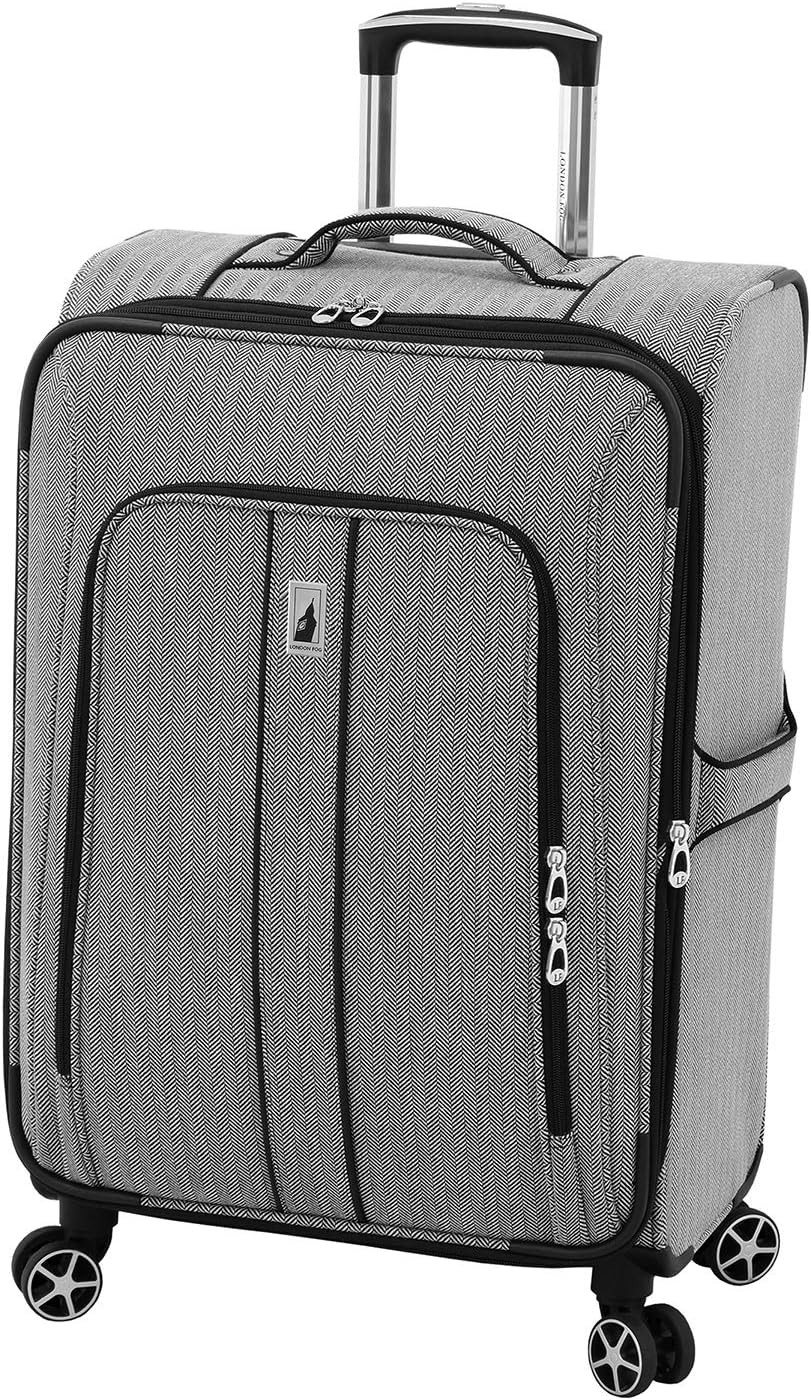 LONDON FOG Newcastle Softside Spinner Luggage Black White Herringbone 24"