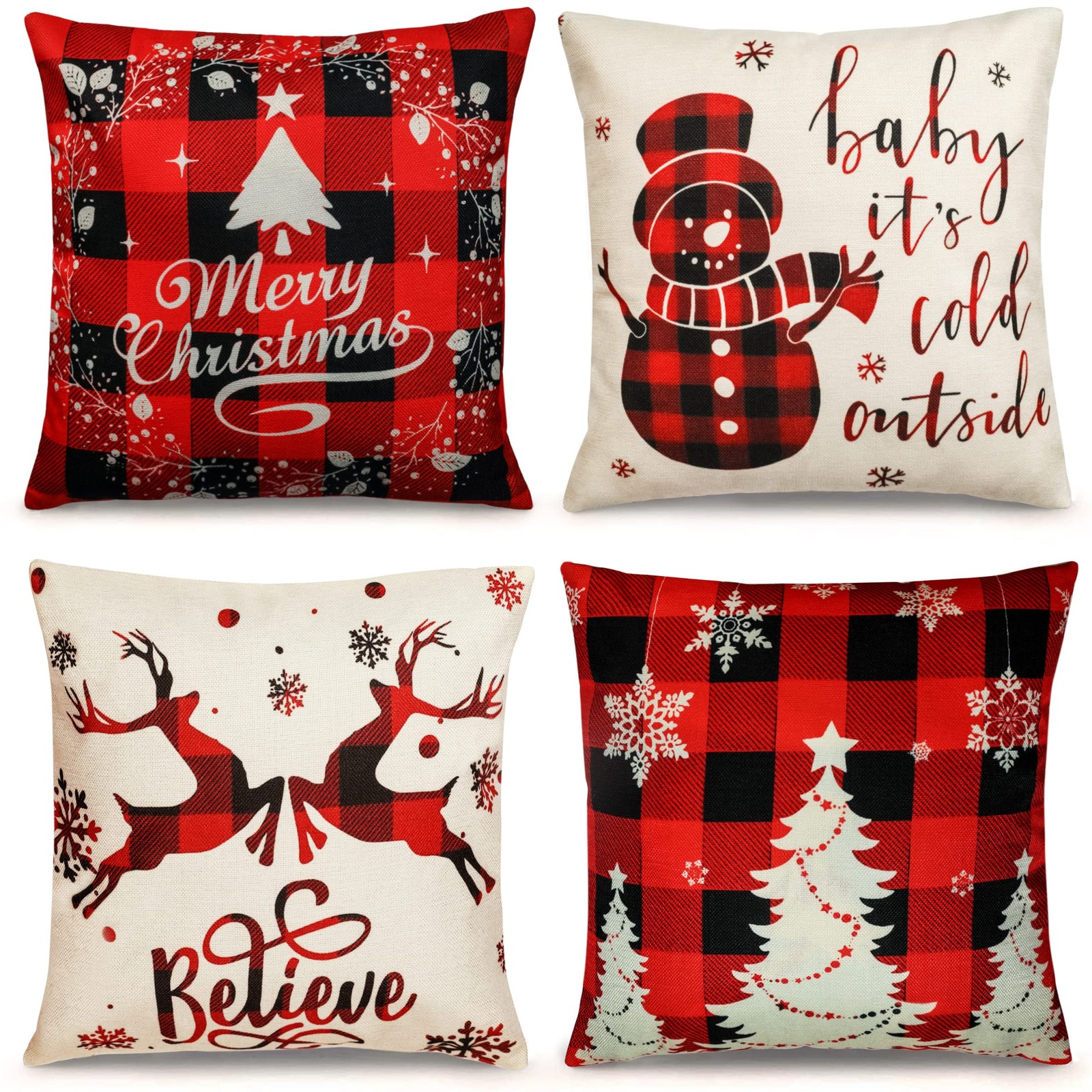 Farmhouse Christmas Pillow Covers - 18x18 Inch Set of 4, Sofa Couch Decorations