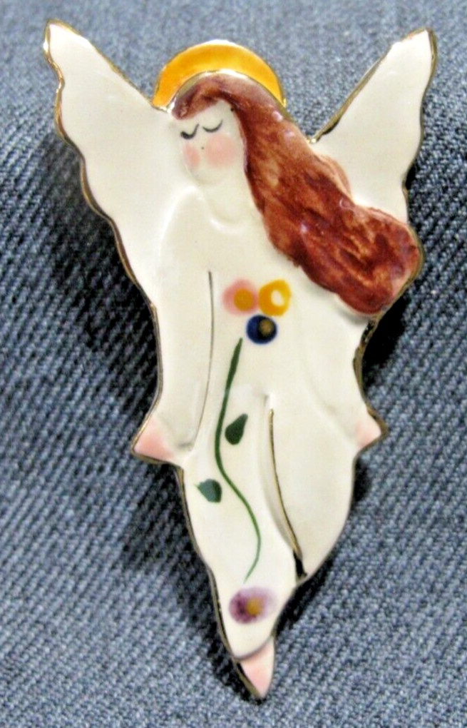 Vintage artsy hand painted pottery angel woman pin brooch
