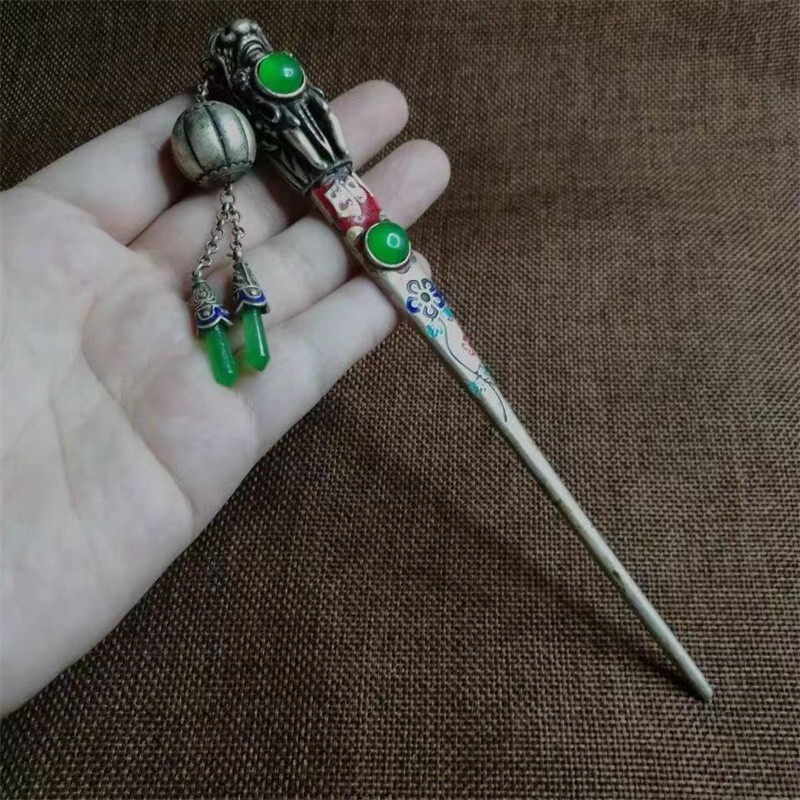 Green Jade Inlaid Old Tibetan Silver Hairpin,Chinese Old Craft Made Dragon