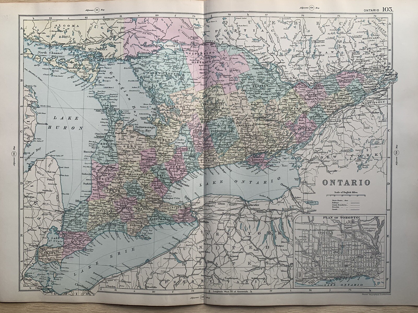 1891 Ontario Hand Coloured Original Antique Map by G.W. Bacon
