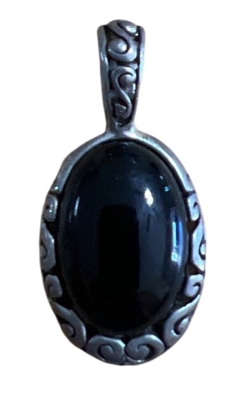 Silver Tone  Oval Black Onyx Pendant With Intricate Scroll Detailing