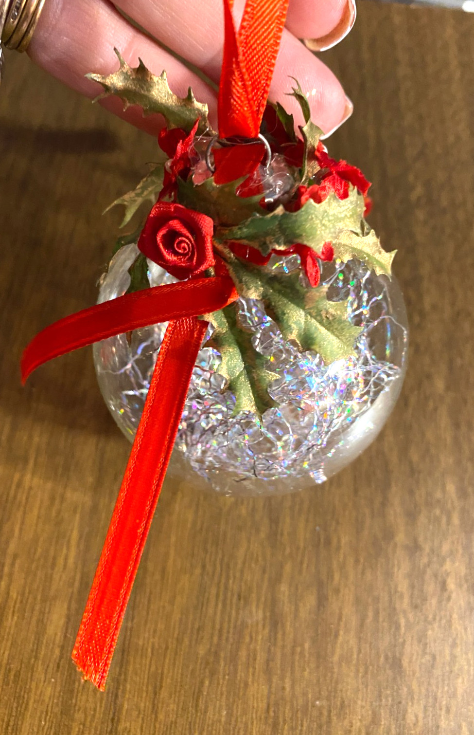 Blown Glass Decorated w Red Ribbon Roses Tinsel Filled Christmas Ornament 2 1/4"