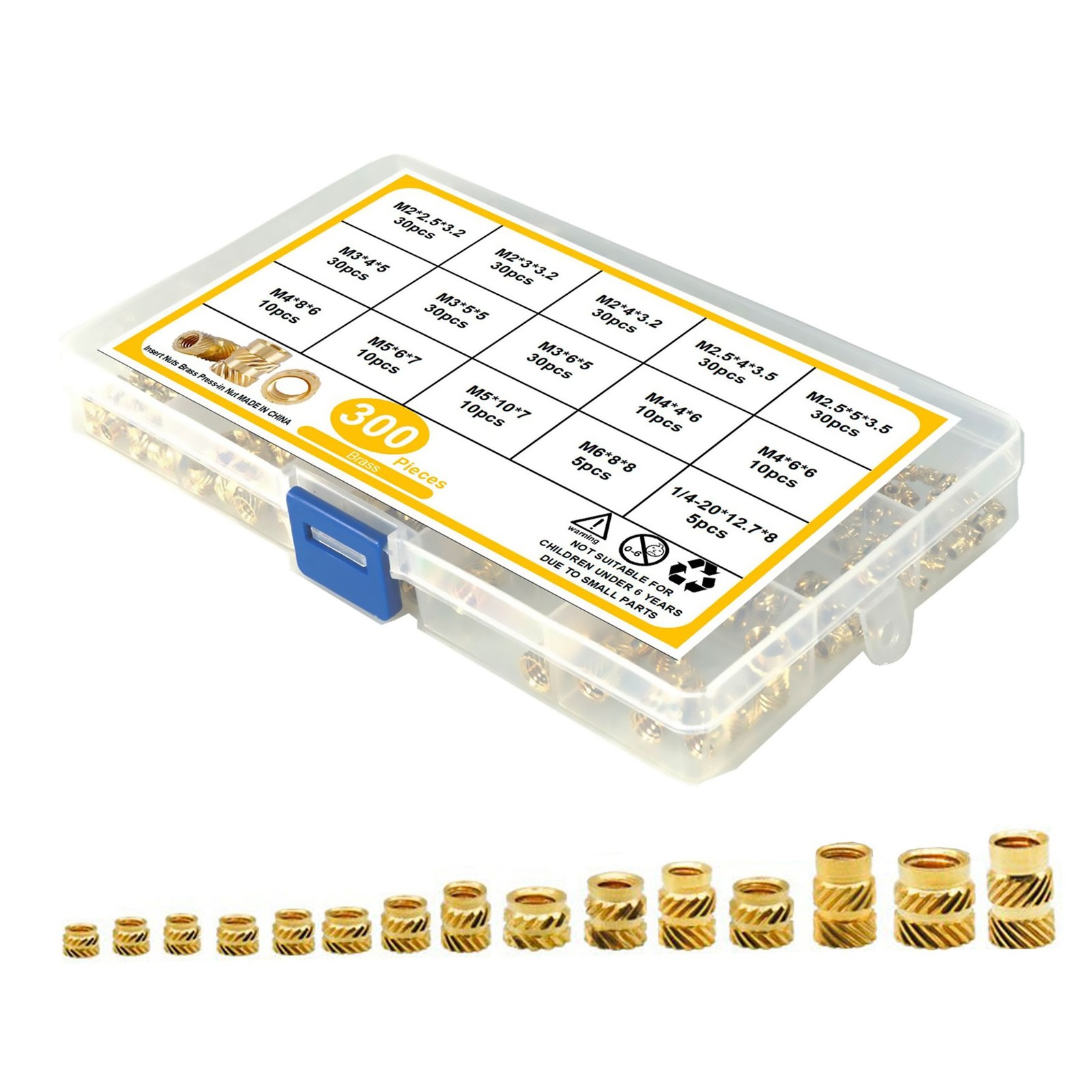 300Pcs  M2-M6 Thread Knurled Brass Threaded Insert Embedment Nut Kit+Plastic Box