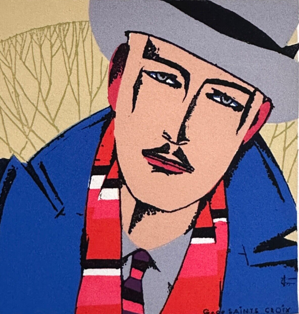 Antique Lithography Portrait Man Detective Colours Gilles Of Sainte Cross