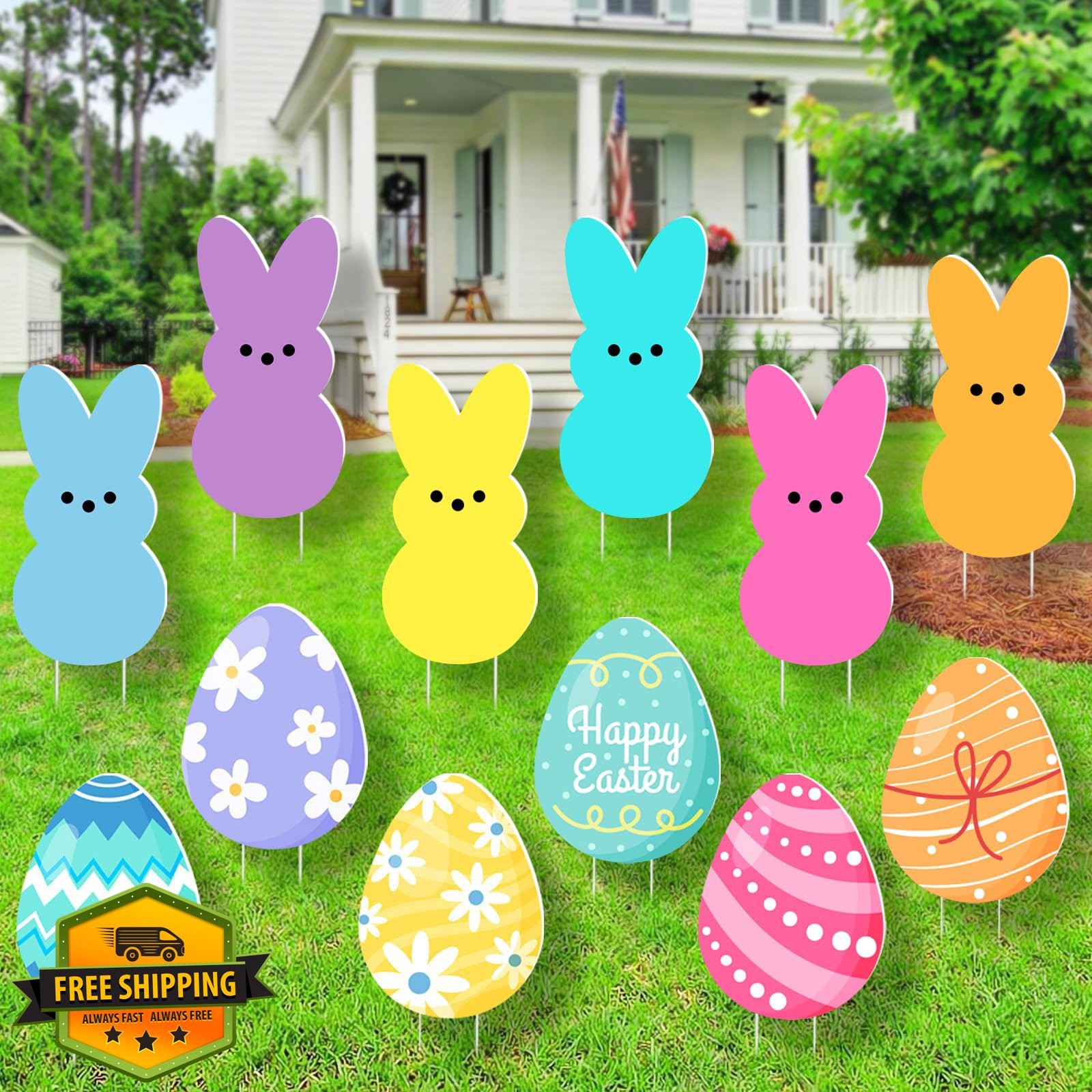 Easter Yard Signs 12pc Pastel Bunny Egg Decorations Outdoor Stakes Large