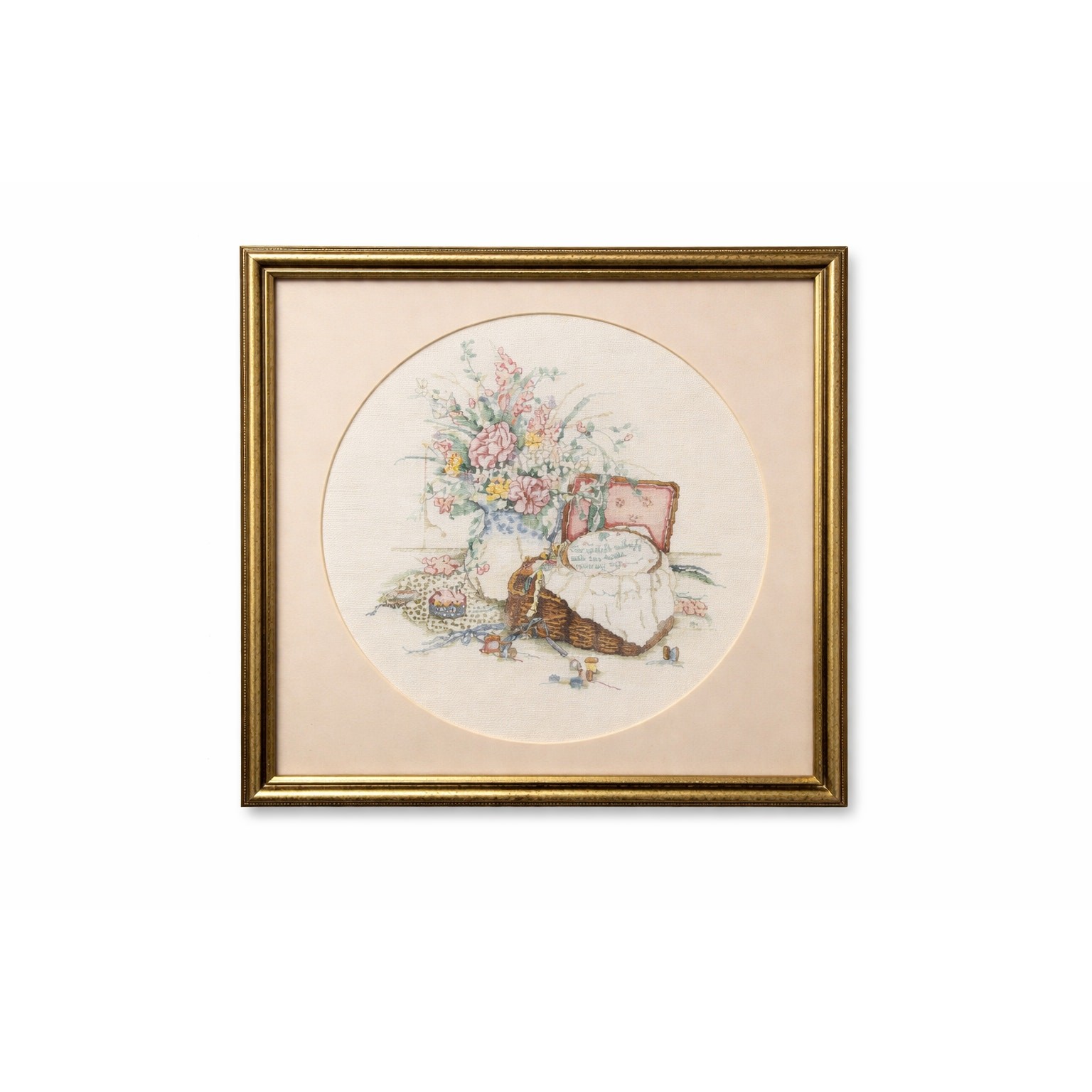 Framed Vintage Cross Stitch Floral Sewing Basket Sampler Round Mount 38cm