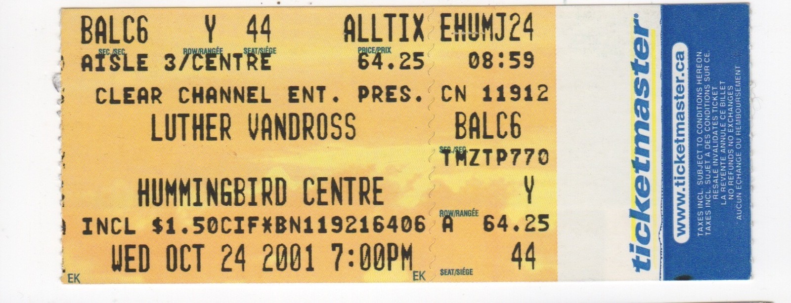 Luther Vandross Concert Ticket Stub Hummingbird Center October 24 2001