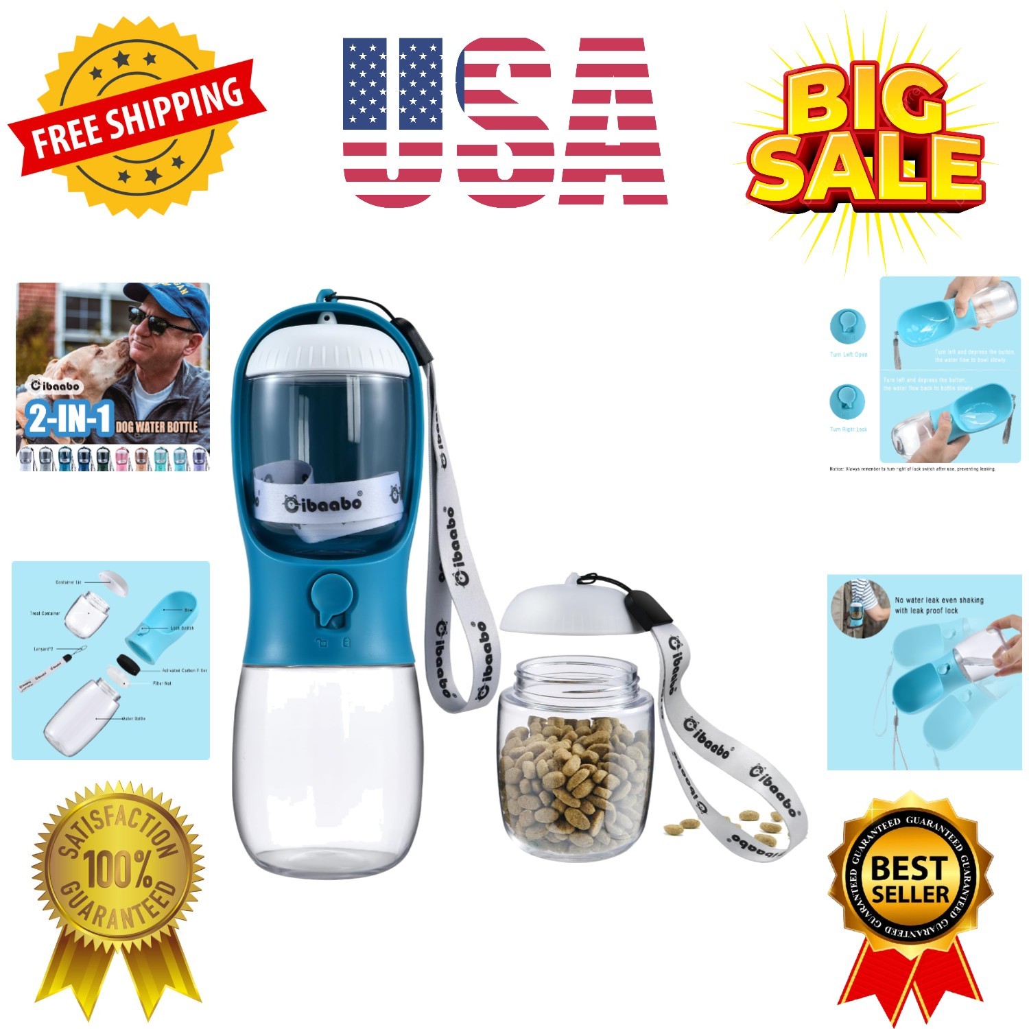 Dog Water Bottle with Food Container, Travel Puppy Water Bowl, Portable Pet D...