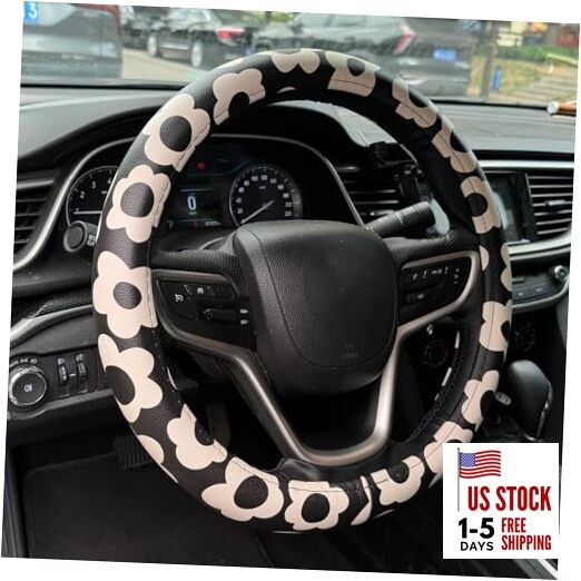 Vintage Groovy Flowers Car Leather Steering Wheel Cover - 15-inch Black