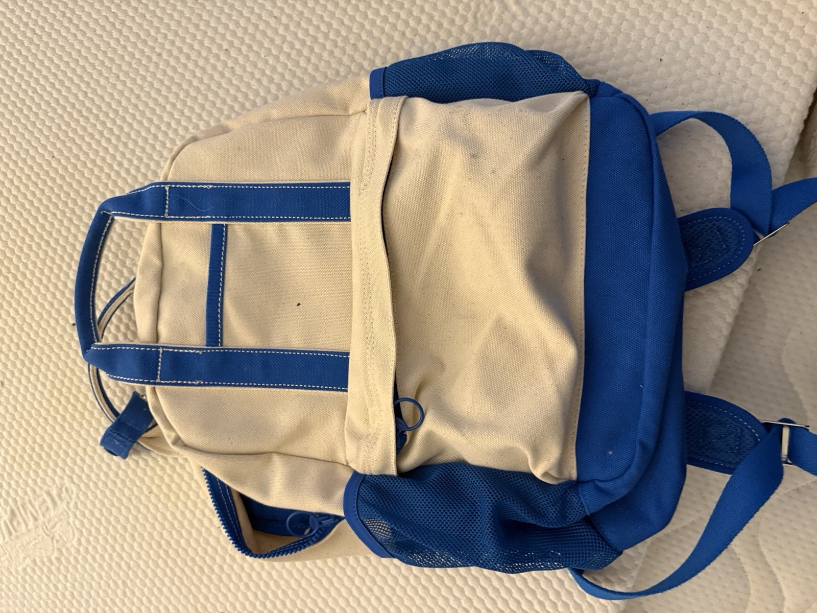 Lands' End Blue Beige Canvas Backpack Adjustable Straps Inner Divider 