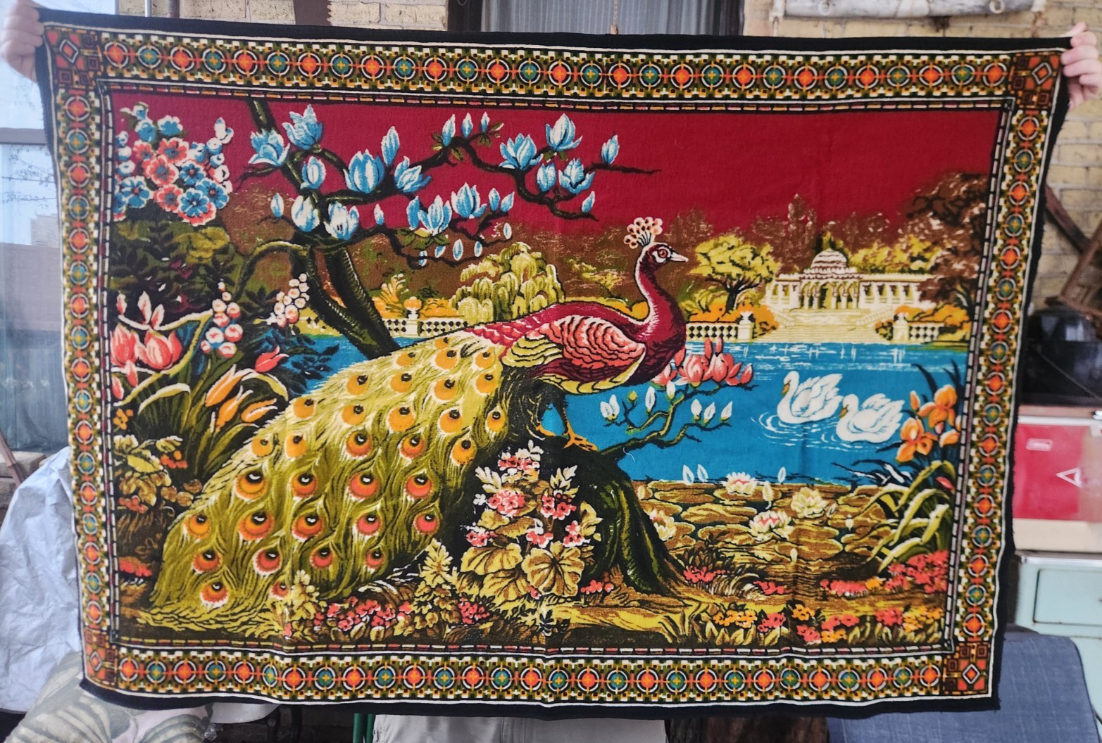 Vintage Velvet Tapestry Wall Hanging Carpet Colorful Peacock Floral Swan Boho