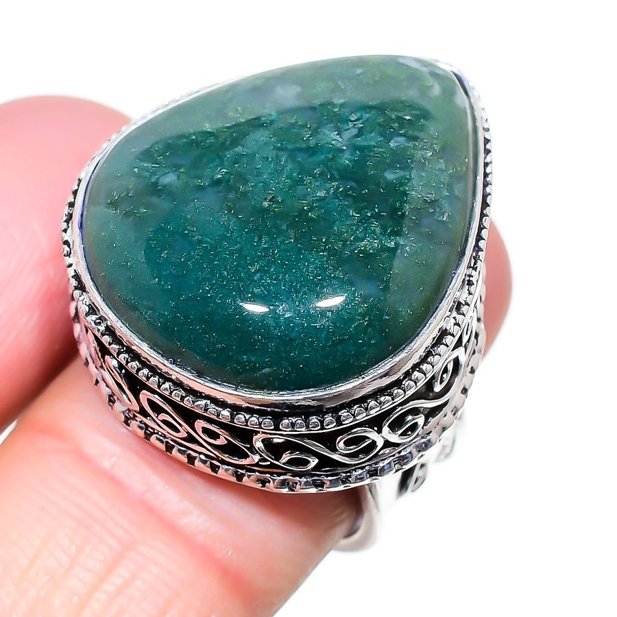 Natural Indian Moss Agate Gemstone 925 Sterling Silver Ring Size 7 f448