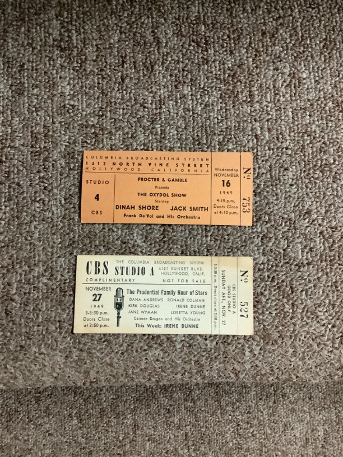 Vintage Tickets 1949 Dinah Shore and Kirk Douglas Jane Wyman Prudential Rare