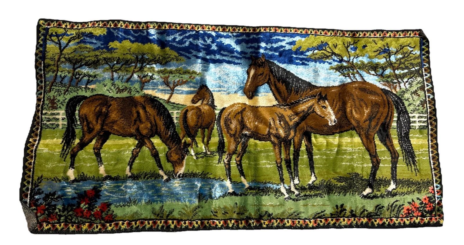 Vintage Italian Velvet Tapestry Horses Pasture Wall Hanging Rug 38” X 19"