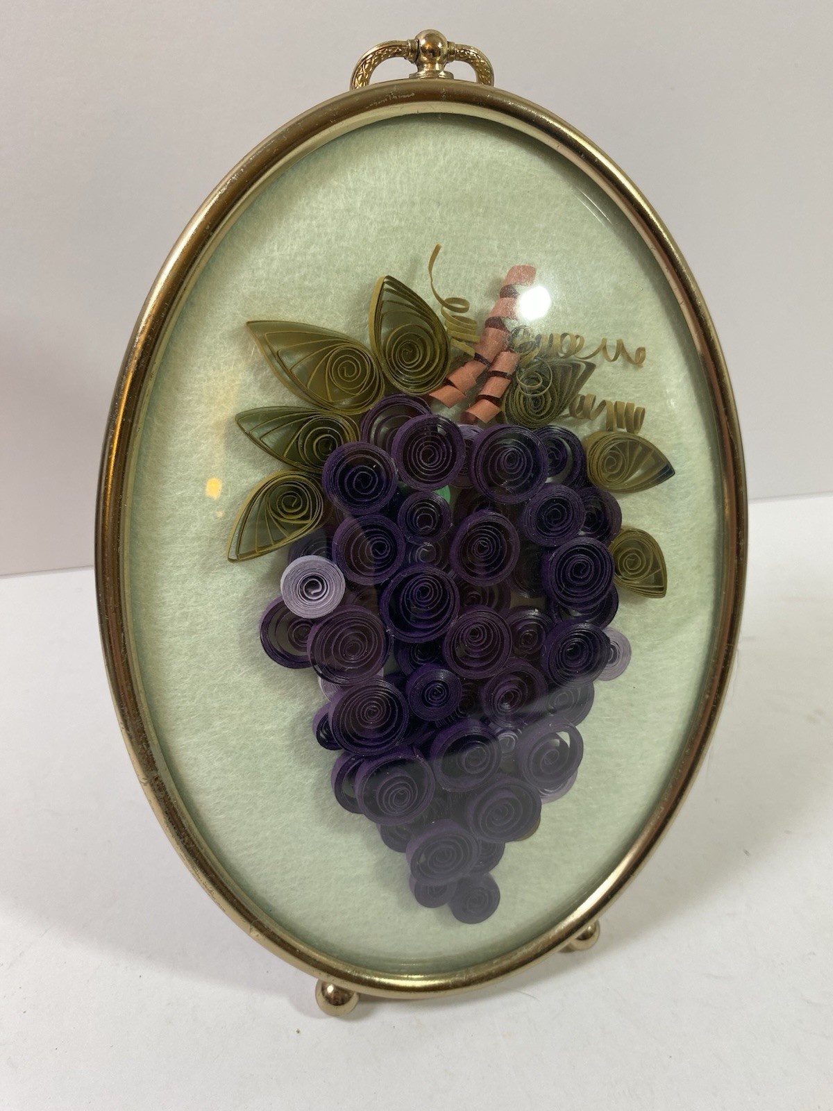 Vintage Quill Art Quilling Handmade Paper Swirl Purple Grapes 8"  Gold Framed