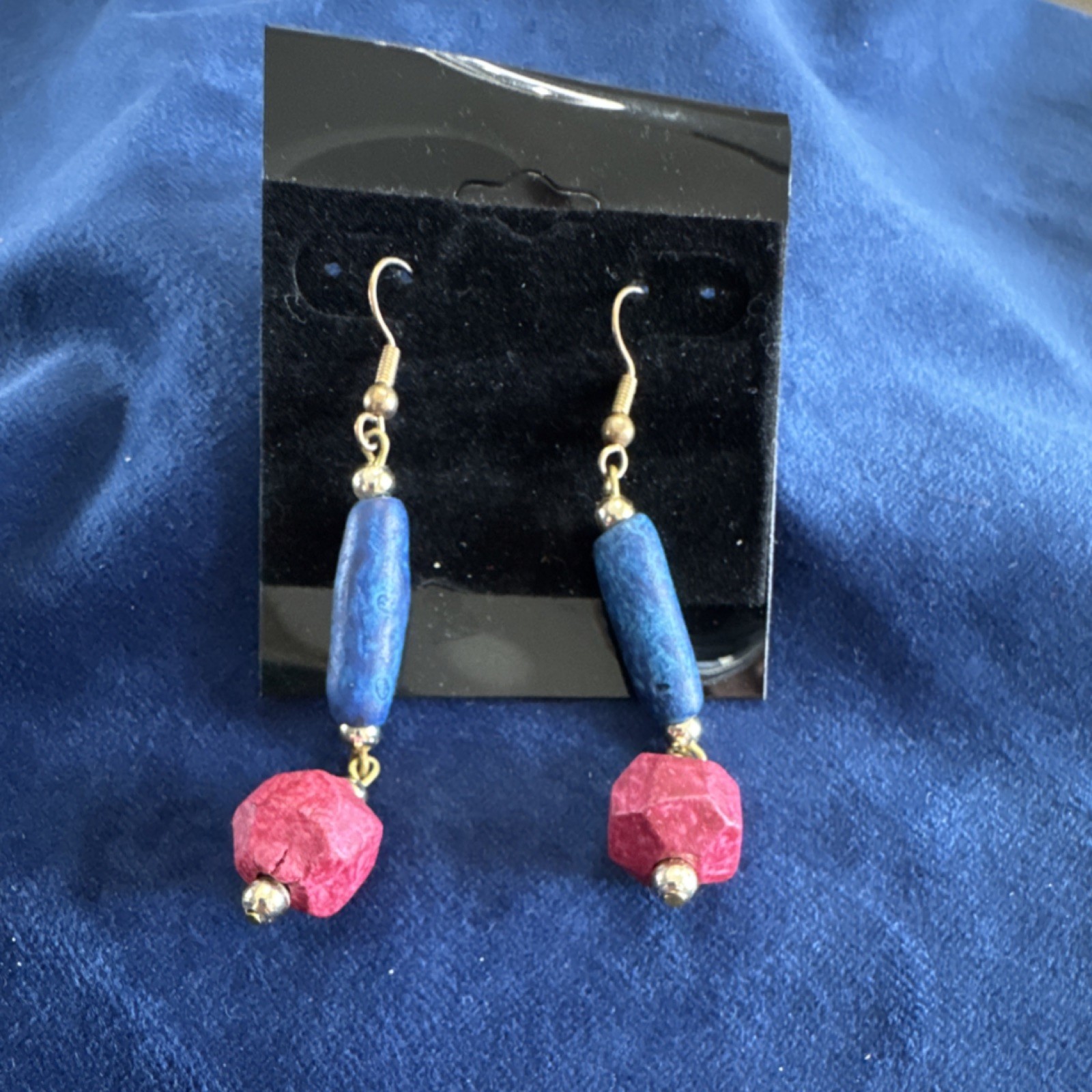 Handcrafted Wooden Dangle Earrings Blue/Red Barrel Faceted Wood Beads Hook Back