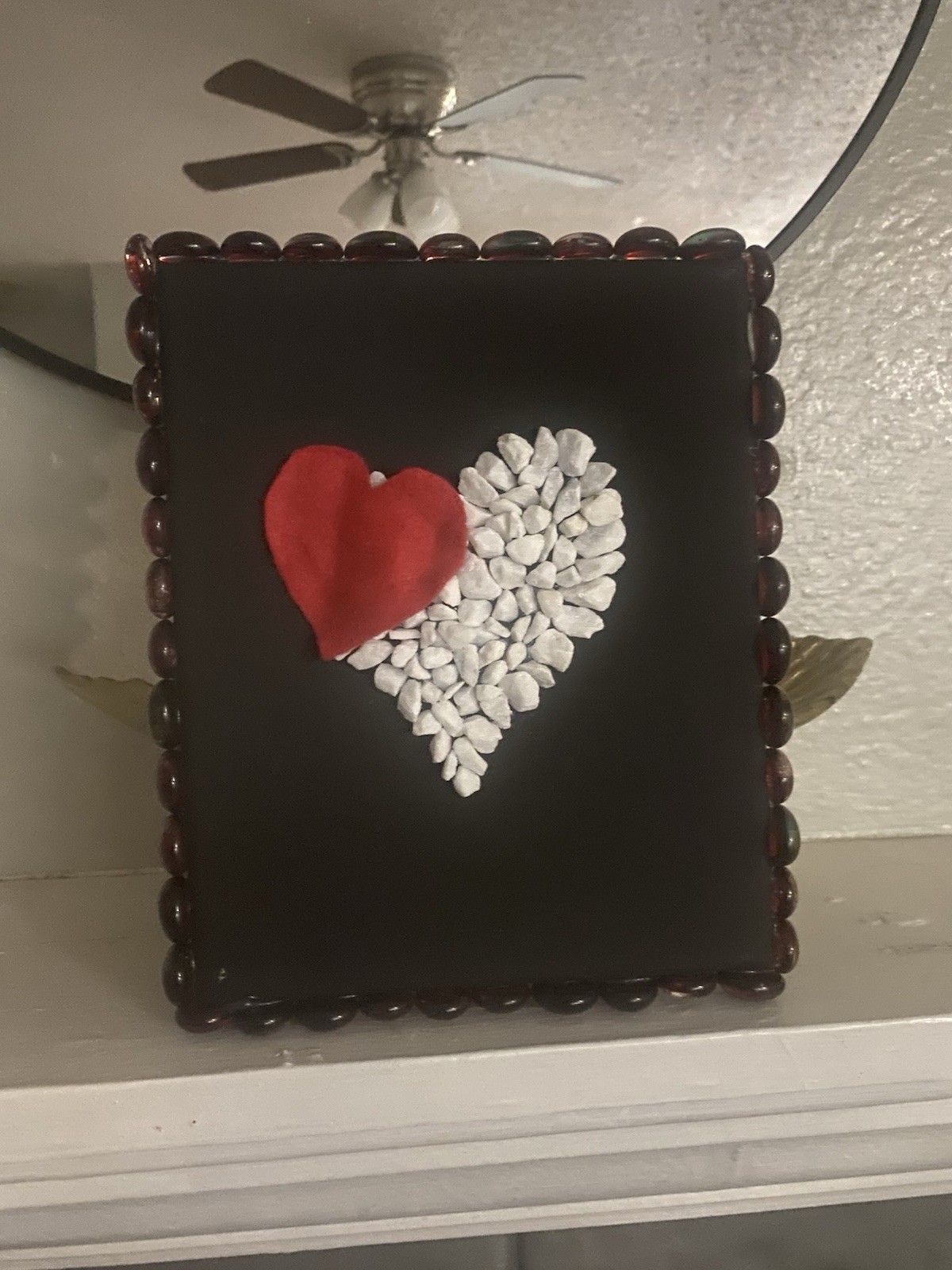 OOAK Mixed Media Collage Art Red & White Heart with Fabric, Stones, Glass Beads