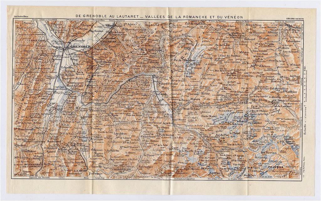 1926 ORIGINAL VINTAGE MAP OF VICINITY OF GRENOBLE ROMANCHE VENEON VALLEY FRANCE