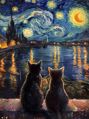 Diamond Painting Kits for Adults, The Starry Night Cats 5D Diamond Art KM764-1