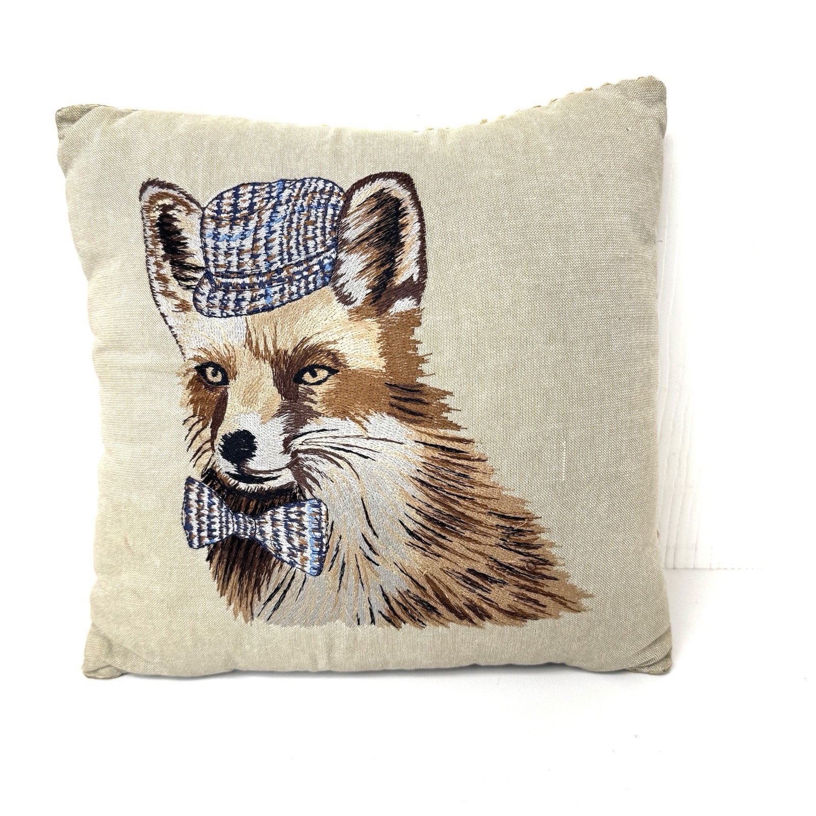 PIER 1 Imports Pillow Fox w/ Hat Embroidered Toss 11 x11”