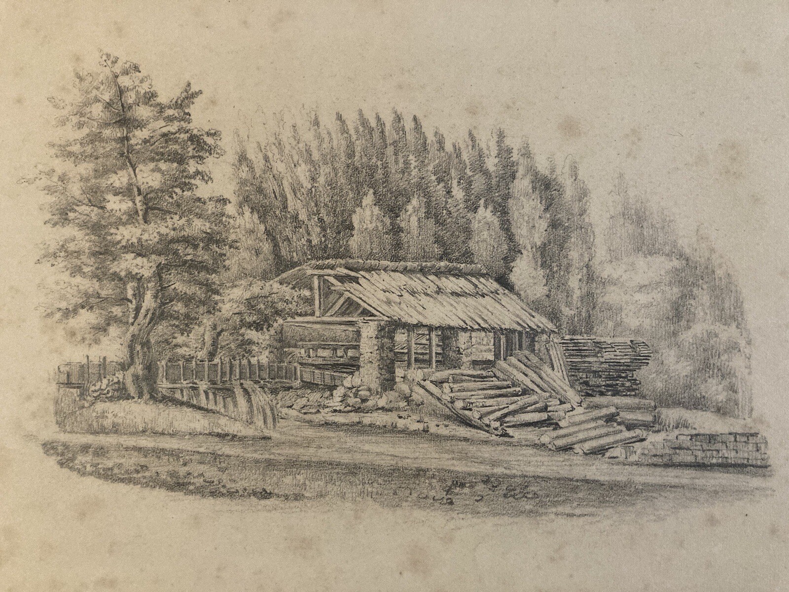 beau Dessin Maison Rondins Bois Pyrenees XIXe Romantisme Arbre Paysage Art