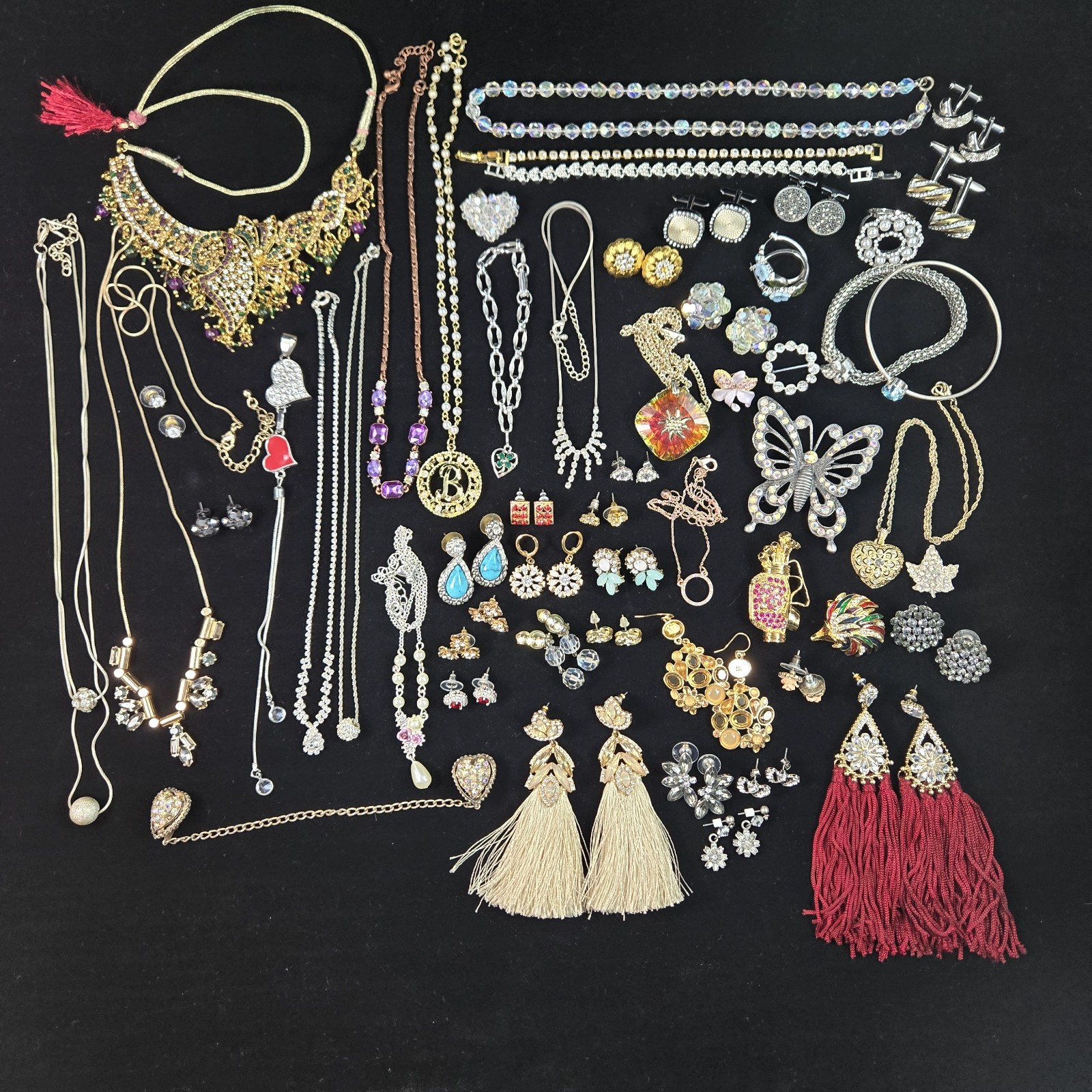 Bling Costume Jewelry Lot 50pc Earrings Necklaces Rhinestones Brooches