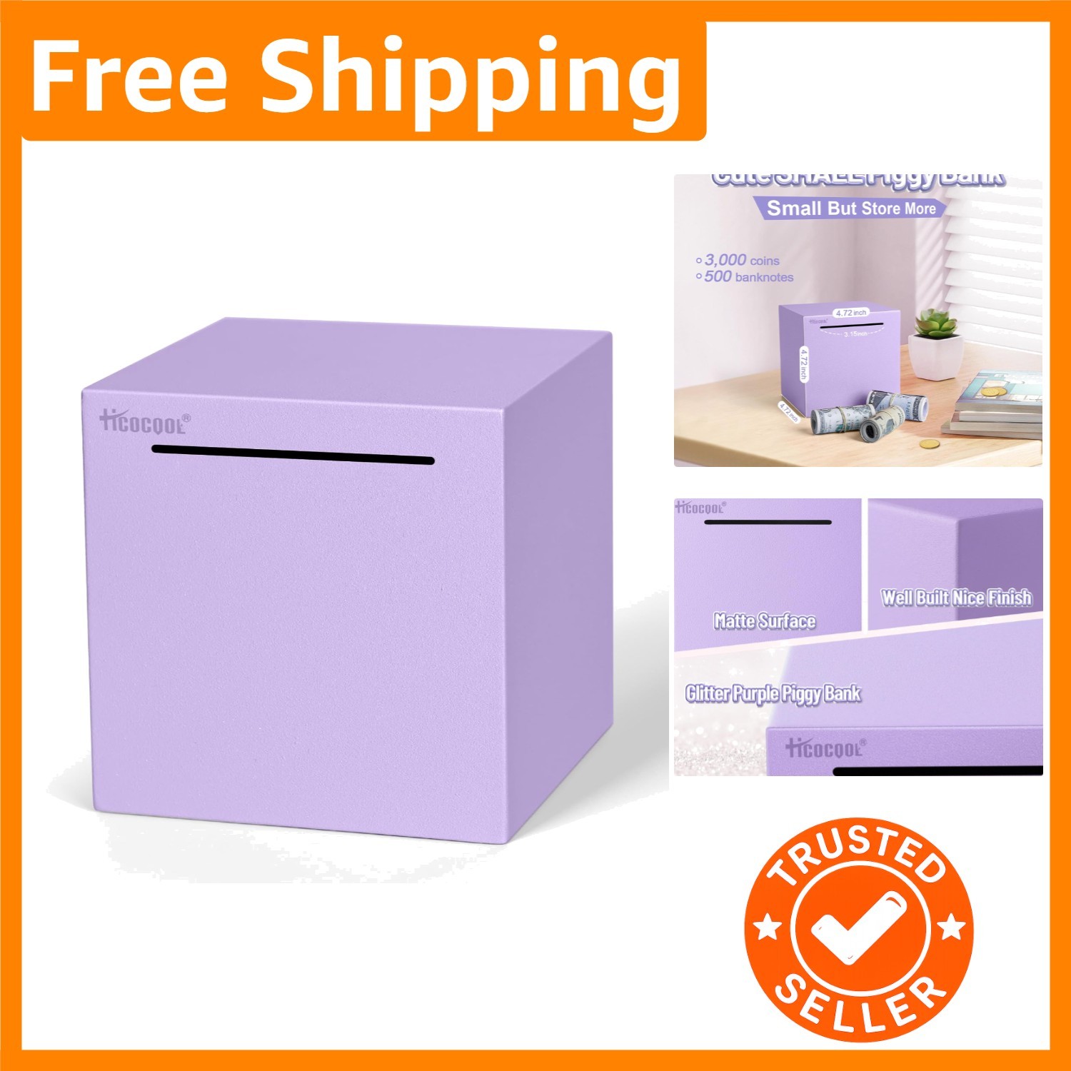 Sparkling Purple Glitter Piggy Bank - Unbreakable Stainless Steel Savings Box