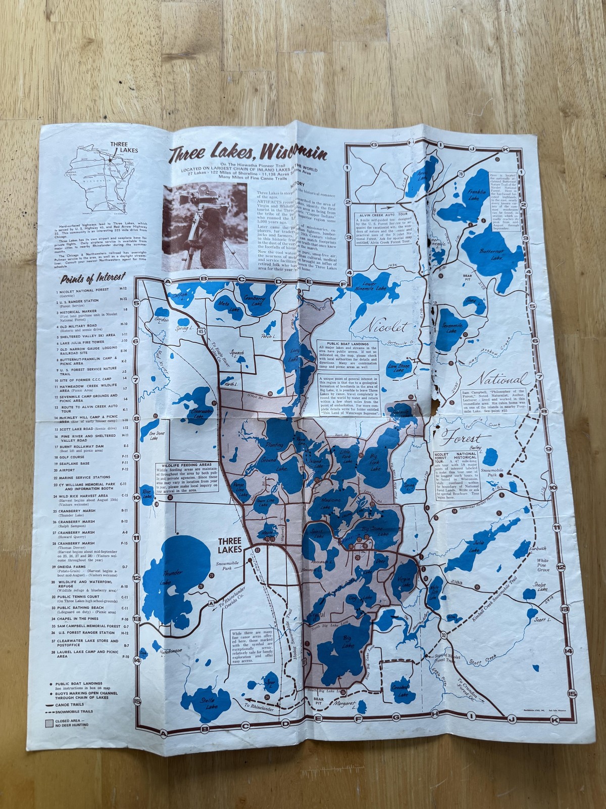 Vintage Three Lakes Wisconsin Tourist Map Waterways Supreme Brochure Folded