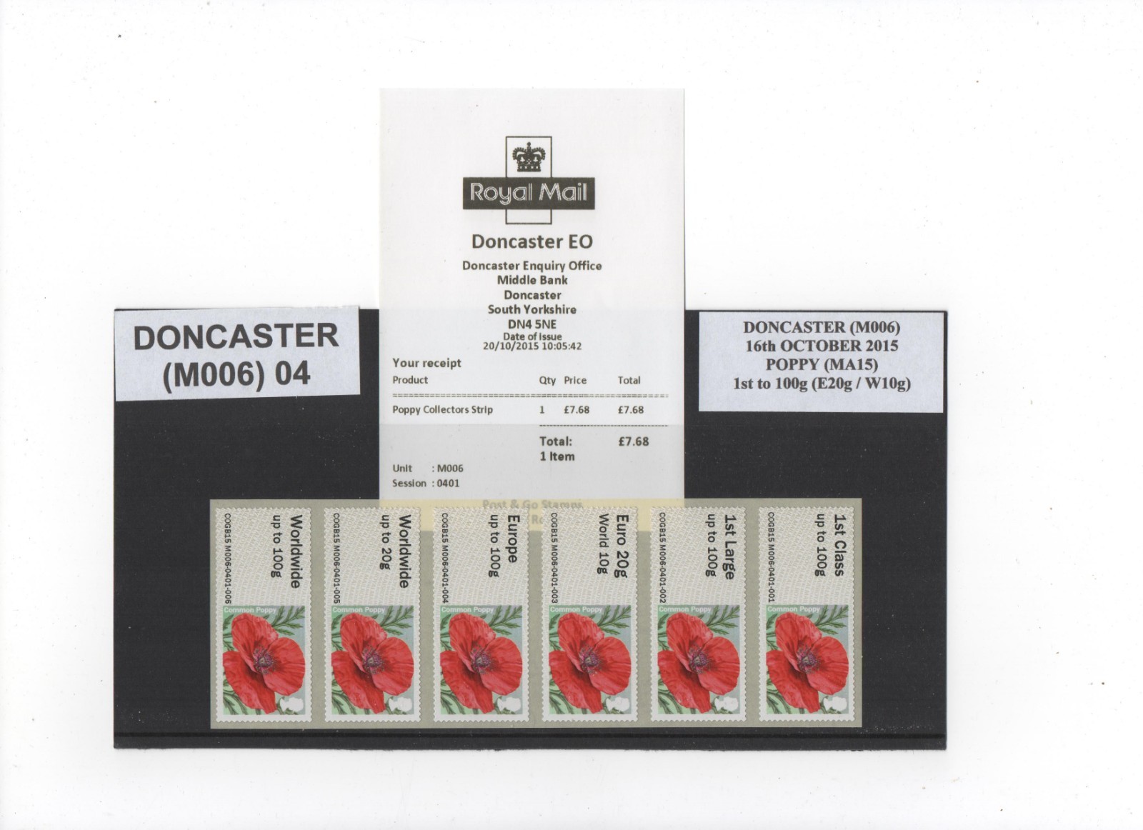 POST GO DONCASTER EO/DO M006 POPPY MA15 2015 COLLECTOR STRIP of 6 to 100g SCARCE