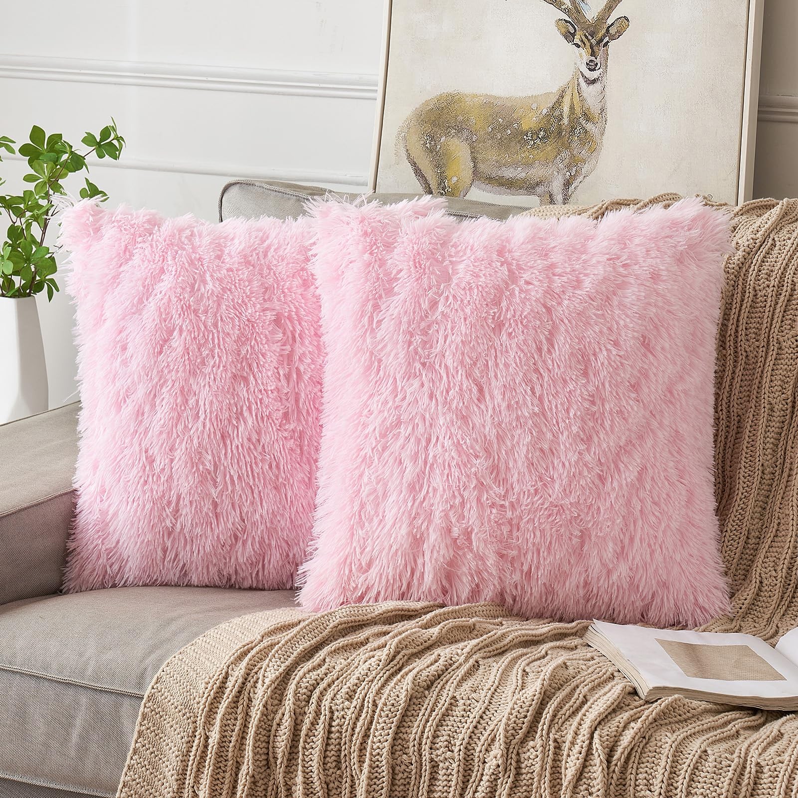 Pack of 2 Baby Pink Throw Pillow Covers Luxury Fluffy Pillows Faux Fur Decora...