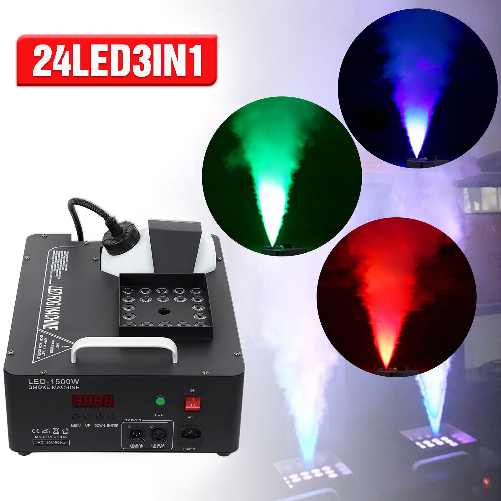 Smoke Fog Machine DMX DJ Party Vertical Spray Fog Stage Light RGB 24 LED Light
