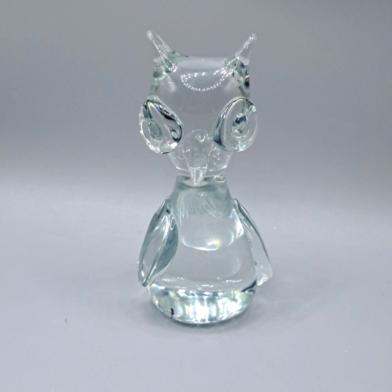 VTG HAND BLOWN CRYSTAL GLASS OWL FIGURINE BUBBLE EYES & ROUND WINGS PAPERWEIGHT